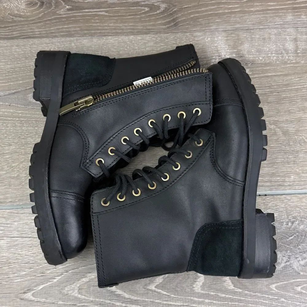Ugg Kilmer II Exposed Fur Womens Sz 5.5 Black Leather Zip Lace 8-Eye Combat Boot - Picture 9 of 14